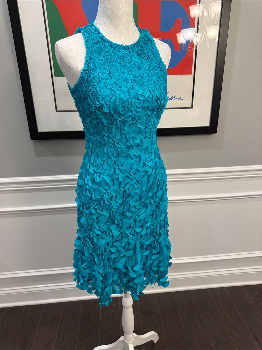 THEIA Turquoise Blue Petal Applique Sleeveless Cocktail Dress Size 0 - Picture 1 of 15